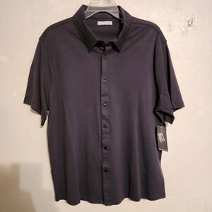 Geoffrey Beene Mens Short Sleeve Button Up Cotton Shirt Ebony Size L NWT